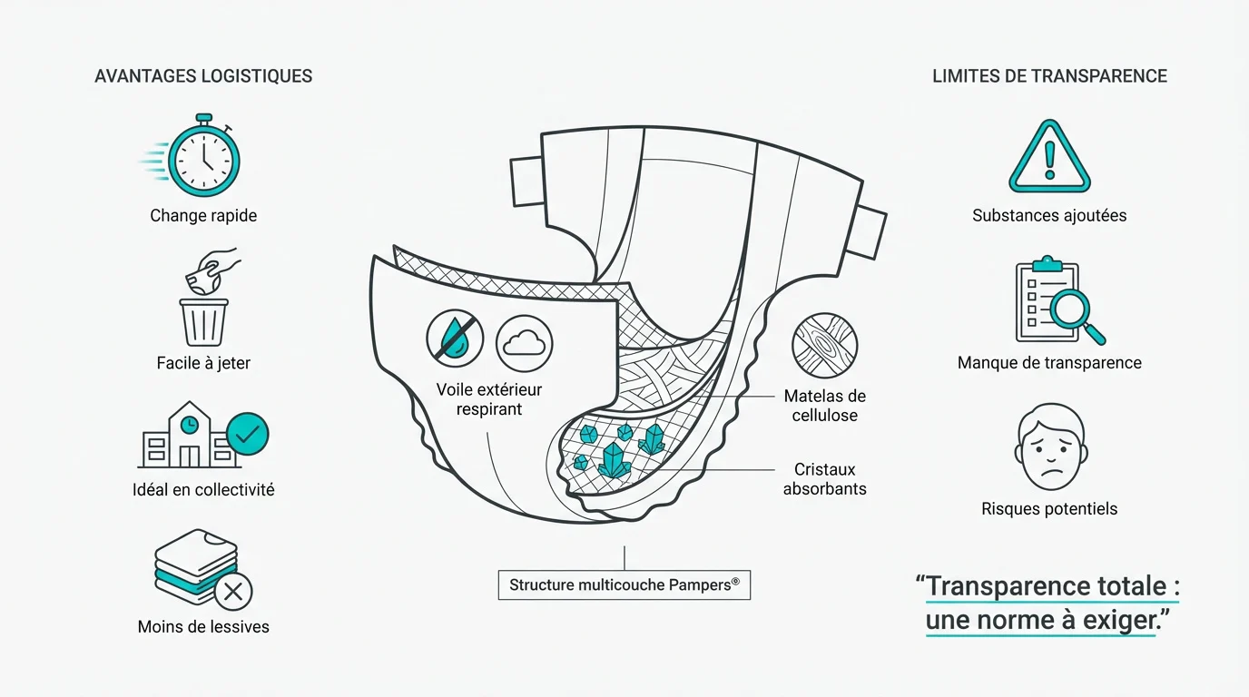 Structure interne d'une couche jetable avec cellulose et cristaux absorbants