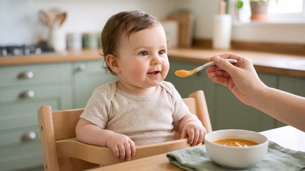 Bébé découvre sa toute première cuillère de purée, l'air curieux