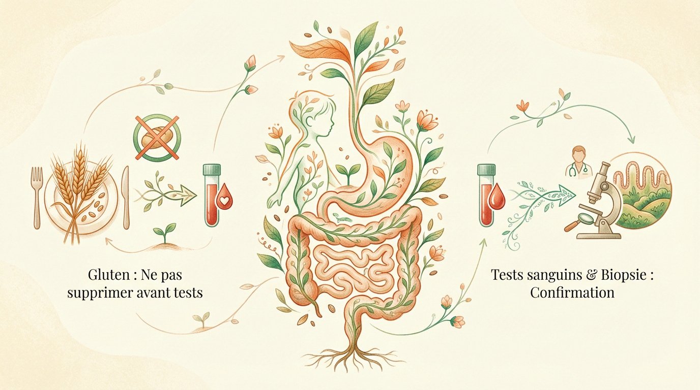Schéma des étapes du diagnostic médical de la maladie cœliaque chez l'enfant