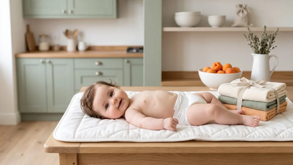 Bébé souriante allongée sur un matelas à langer, en couche blanche