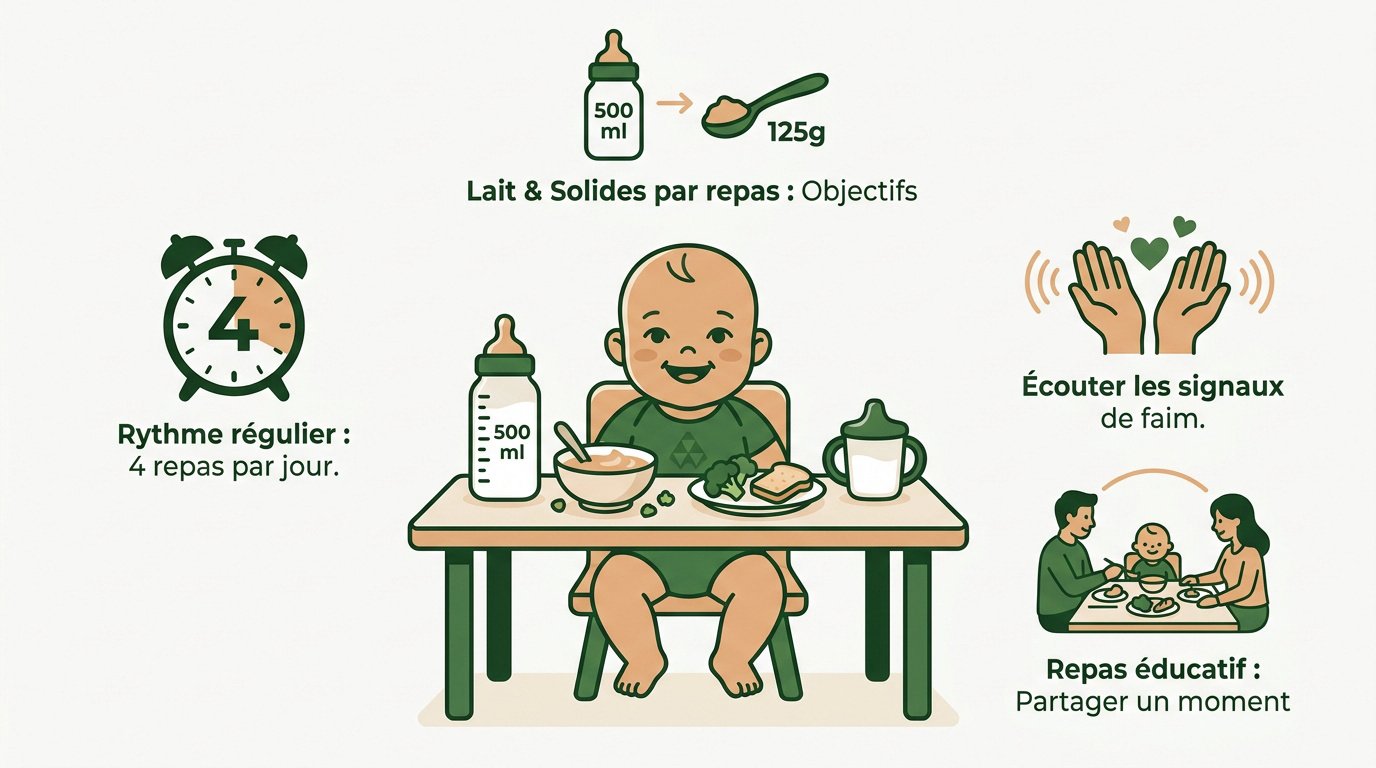 Guide visuel de l'équilibre alimentaire et des apports lactés pour un nourrisson de 10 mois