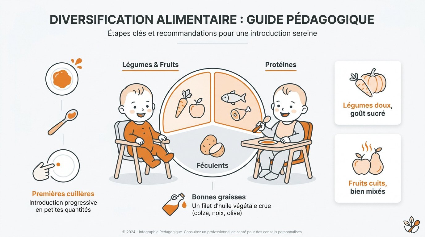 Bébé découvrant une purée de légumes lisse lors de sa diversification alimentaire