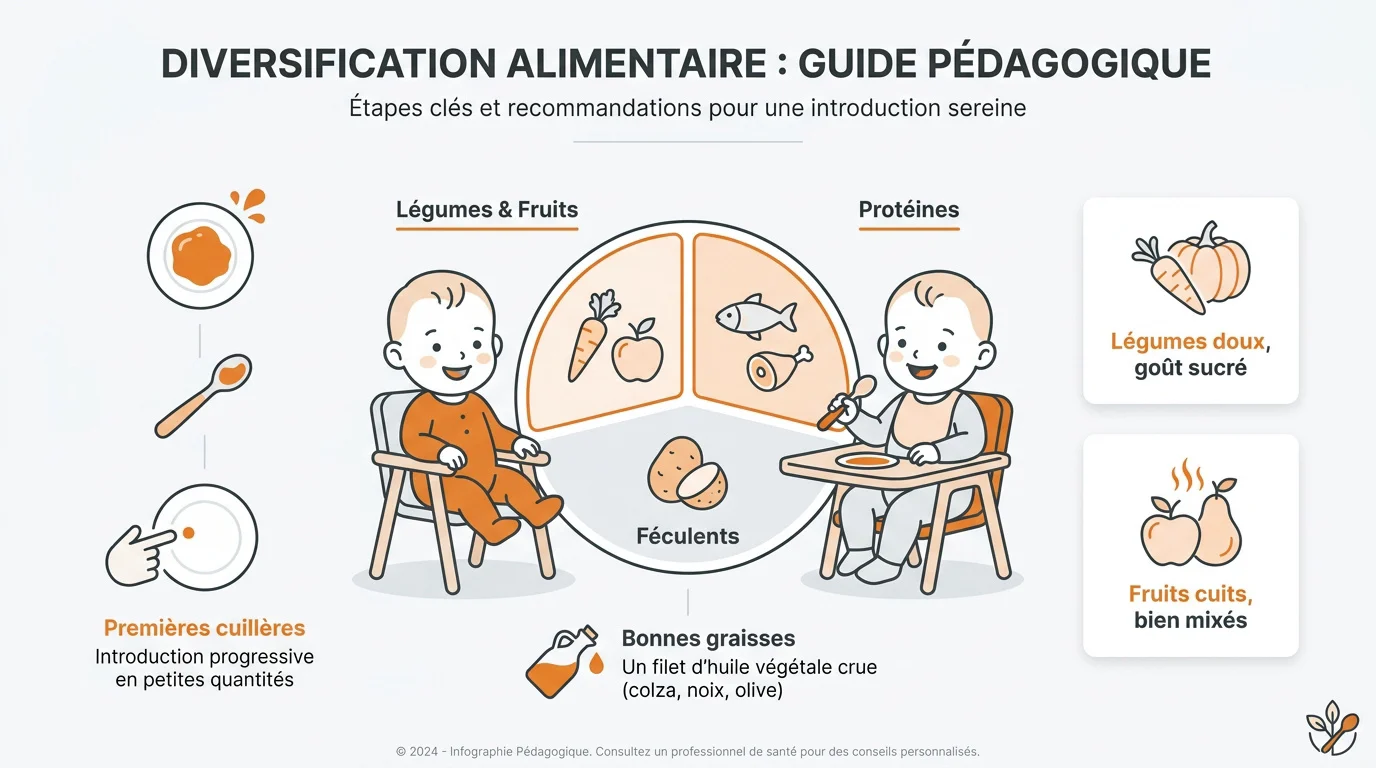 Bébé découvrant une purée de légumes lisse lors de sa diversification alimentaire