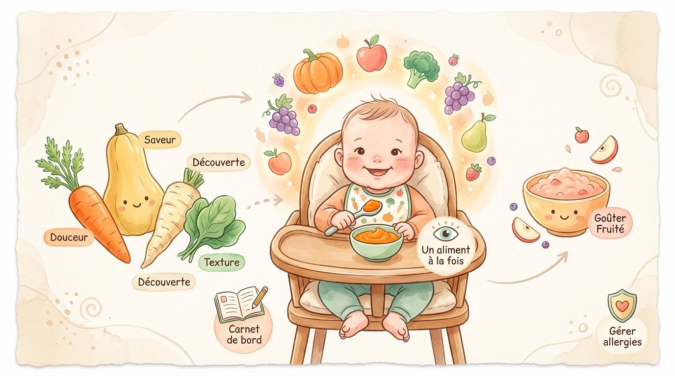 introduction alimentaire bebe et saveurs Bébé découvrant ses premières purées de légumes et compotes de fruits
