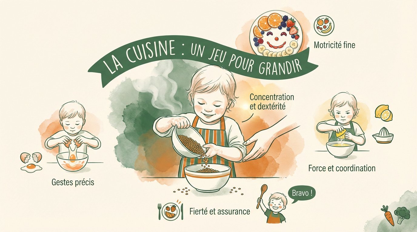 Enfant en bas âge manipulant des ustensiles de cuisine avec son parent