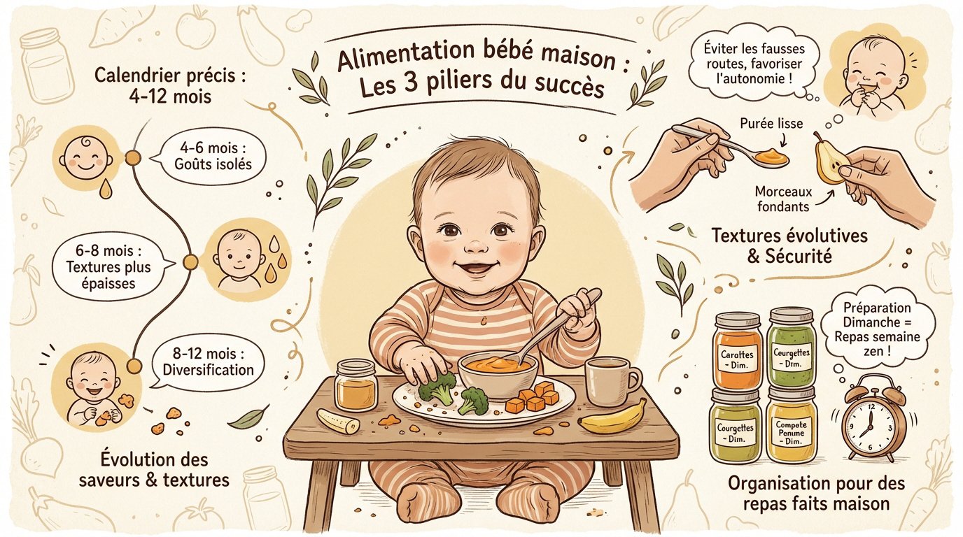 les 3 piliers de lalimentation bebe maison Infographie résumant les trois piliers de l'alimentation maison pour bébé