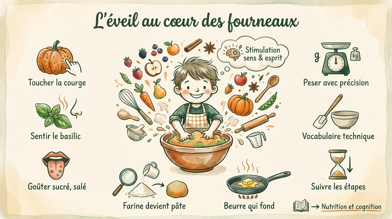 Enfant en bas âge manipulant des légumes colorés dans une cuisine familiale