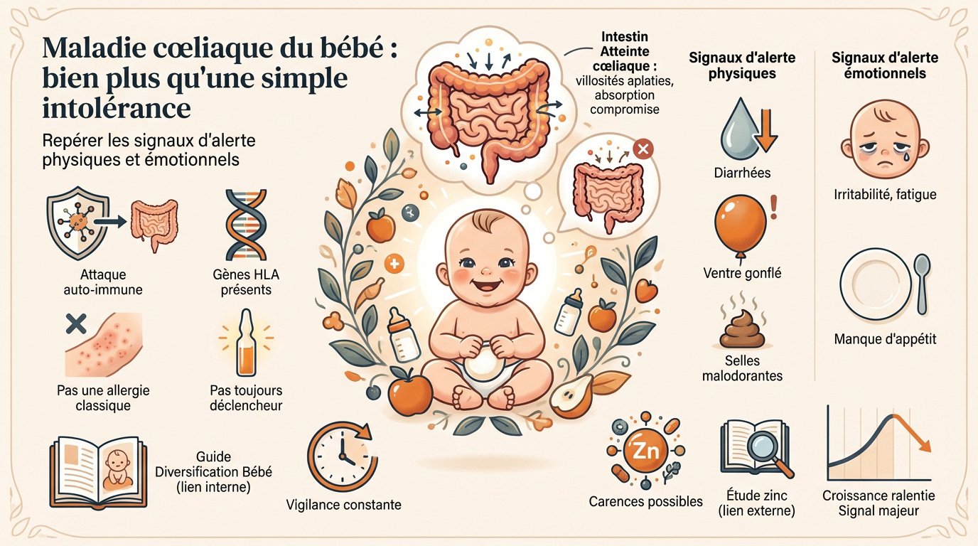 maladie coeliaque du bebe signaux et soins Bébé souriant lors de son repas illustrant la vigilance alimentaire face au gluten
