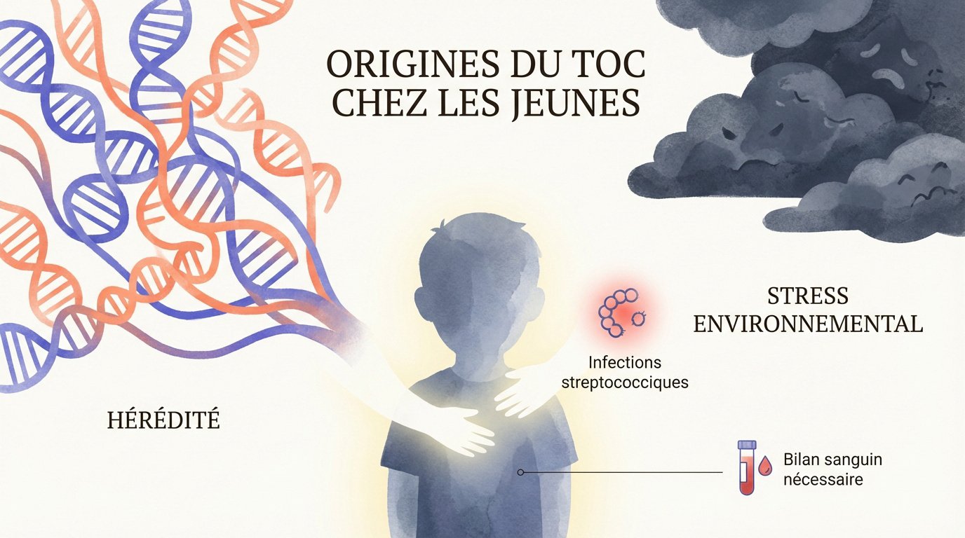 origines du toc chez les jeunes facteurs biologiques et Illustration des facteurs génétiques et environnementaux influençant le TOC chez l'enfant