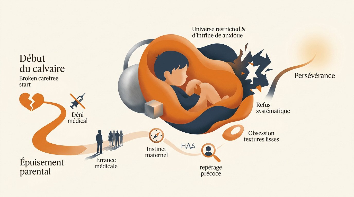 Illustration du parcours complexe d'une famille face aux troubles de l'oralité alimentaire de l'enfant