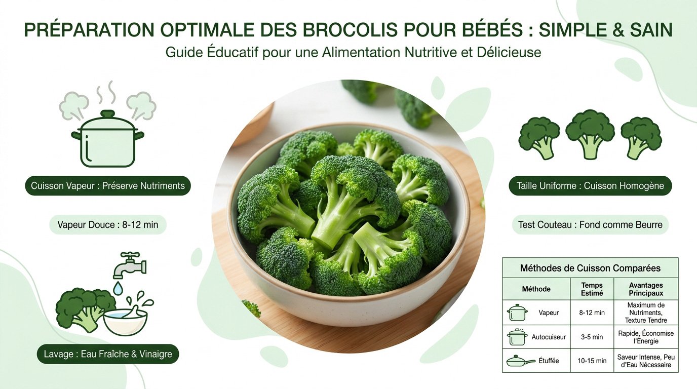 Préparation de bouquets de brocoli frais pour la diversification alimentaire de bébé