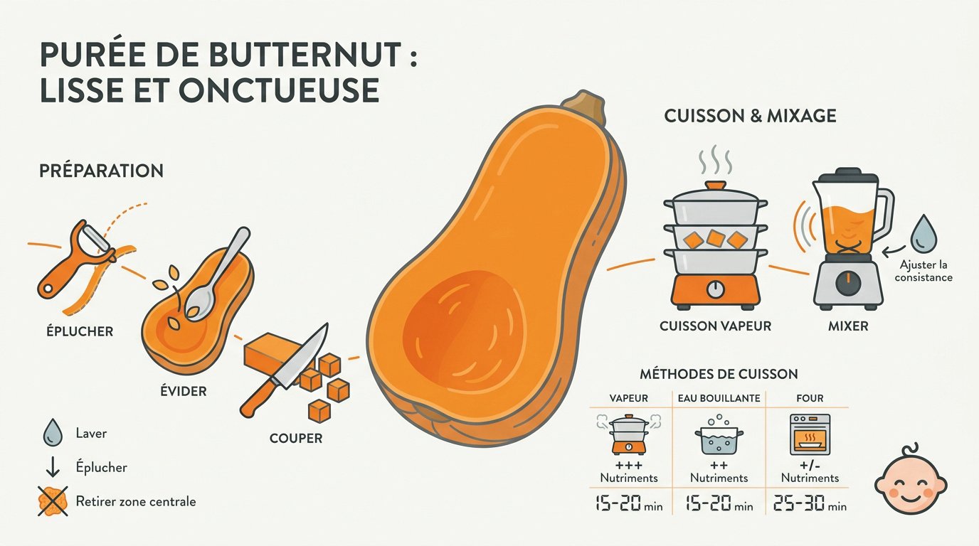 Purée de courge butternut lisse servie dans un bol pour bébé