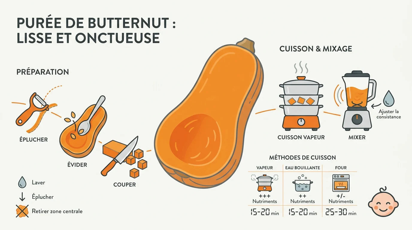 Purée de courge butternut lisse servie dans un bol pour bébé