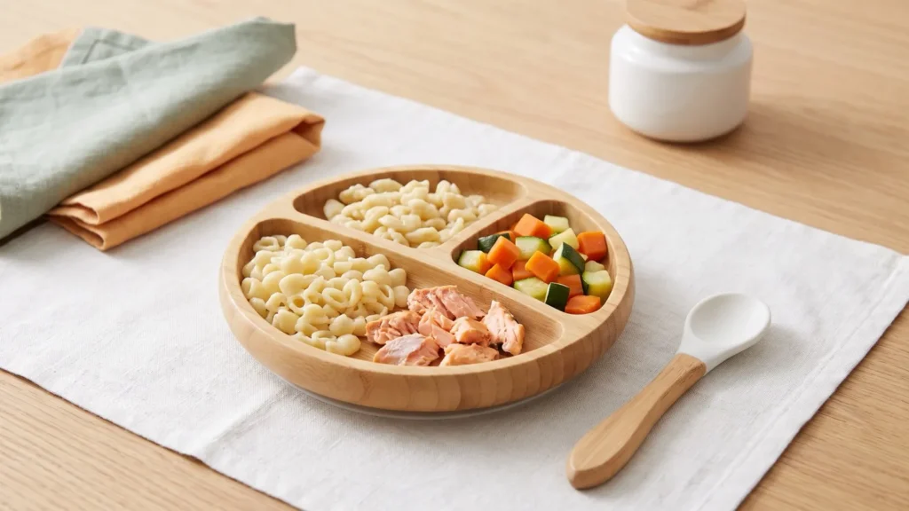 Assiette de bébé de 10 mois avec pâtes, morceaux de saumon, dés de carotte et de courgette