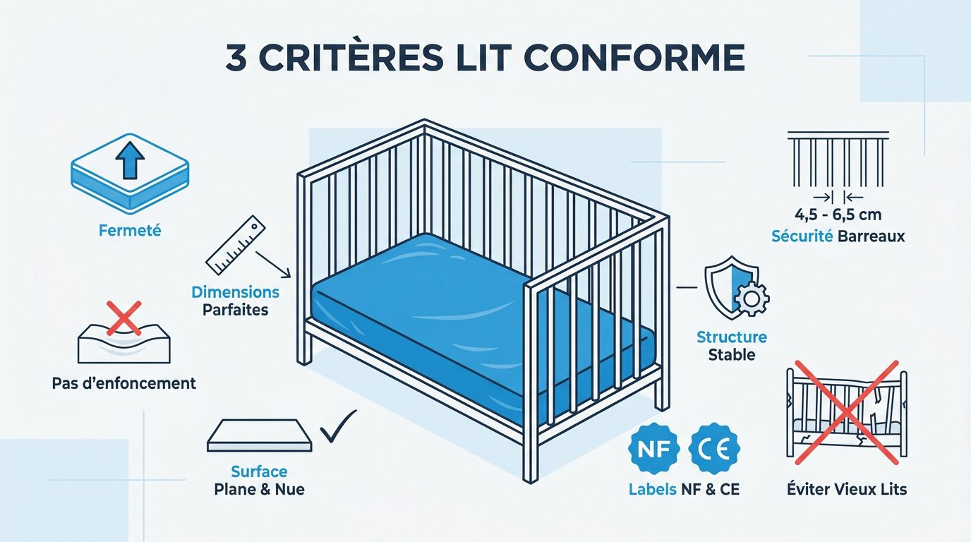 Lit de bébé sécurisé avec matelas ferme et barreaux aux normes