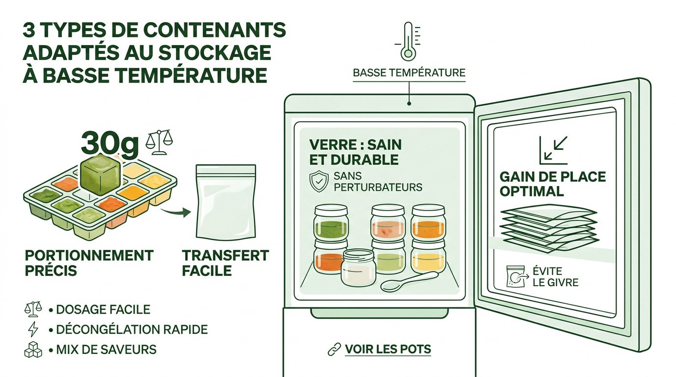 3 types de contenants pour le stockage a basse temperature Sélection de contenants pour congeler de la purée maison : bacs à glaçons, pots en verre et sachets