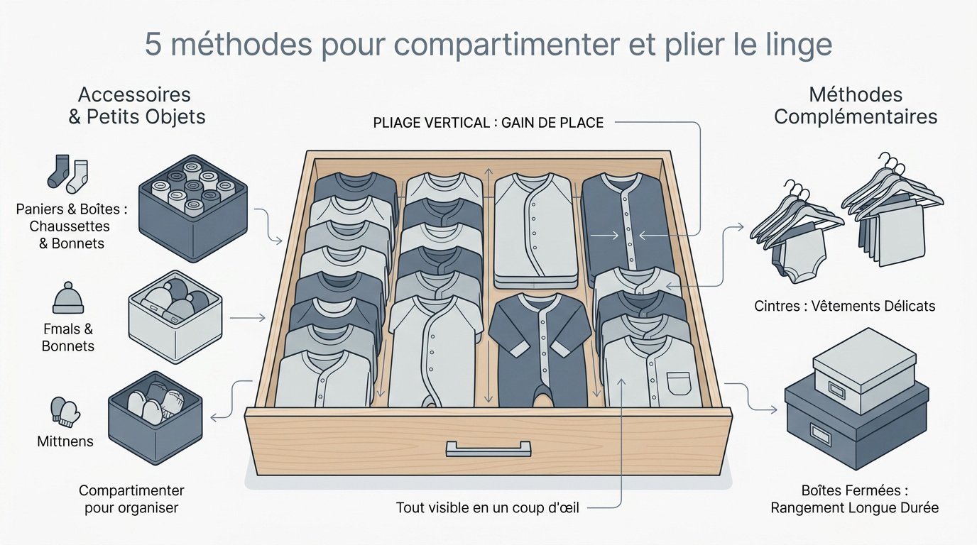 Organisation des vêtements de bébé avec la méthode de pliage vertical dans un tiroir