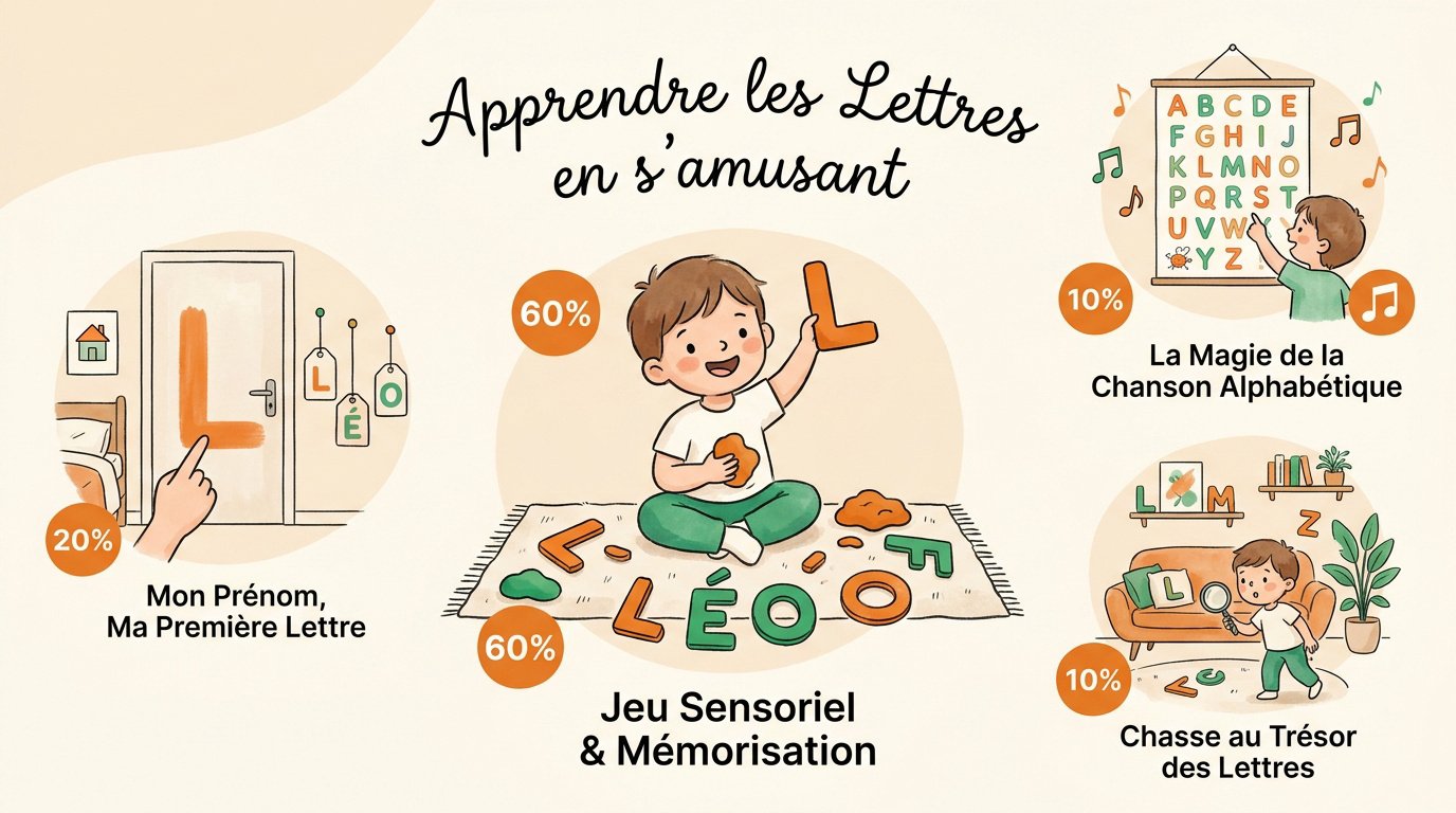 Infographie présentant des jeux éducatifs pour apprendre l'alphabet aux enfants