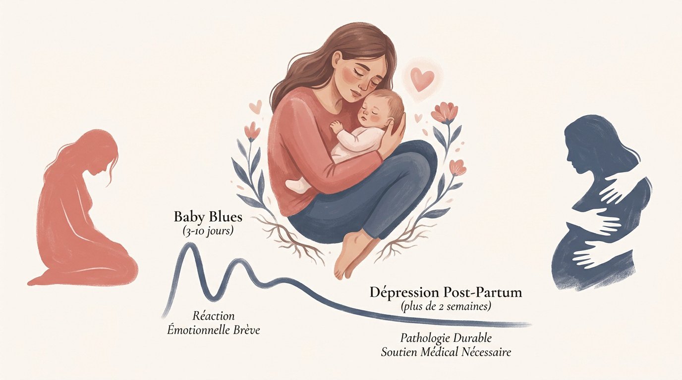 Comparaison visuelle entre les symptômes du baby-blues et de la dépression post-partum