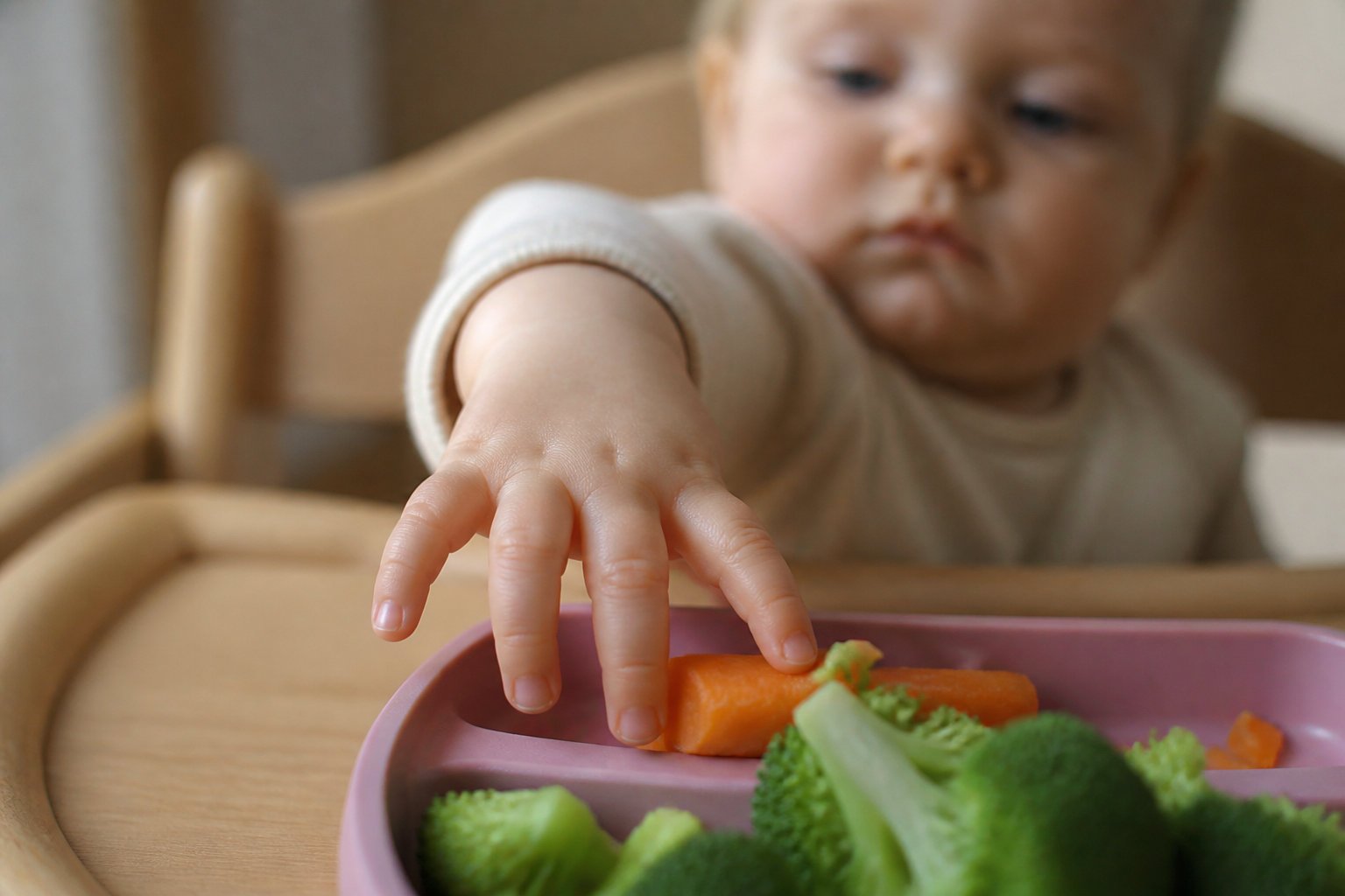 baby reaching for carrot in highchair Anticiper les allergies et les refus lors des repas