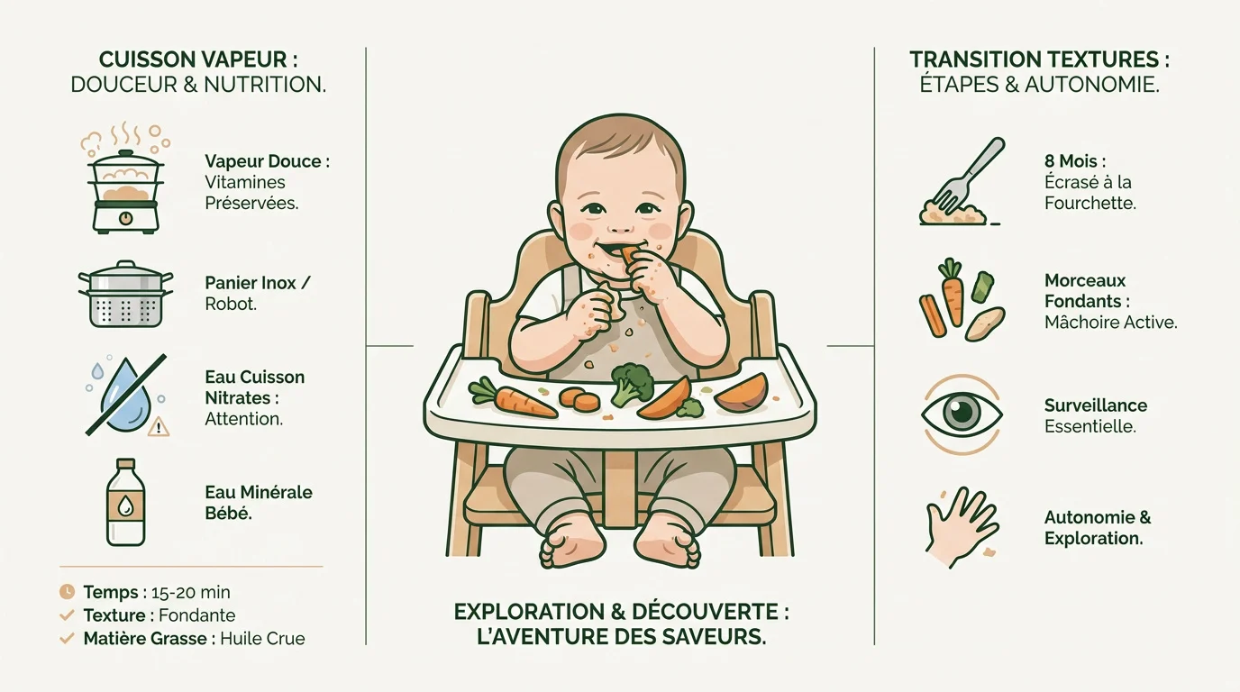 Cuisson vapeur de légumes tendres pour la diversification alimentaire de bébé