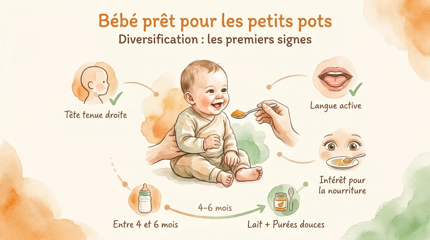 Bébé prêt pour ses premiers petits pots et signes de diversification