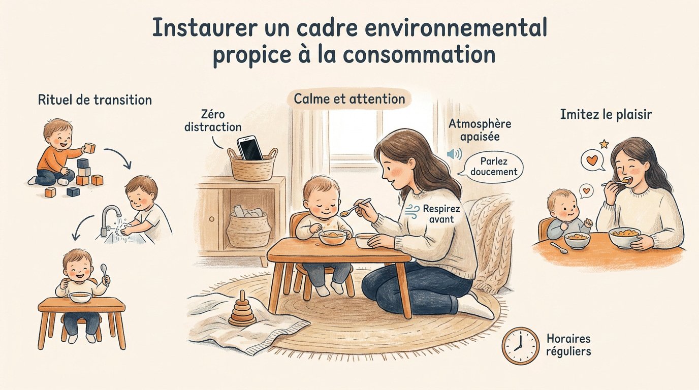 Bébé assis dans sa chaise haute dans un environnement calme pour le repas