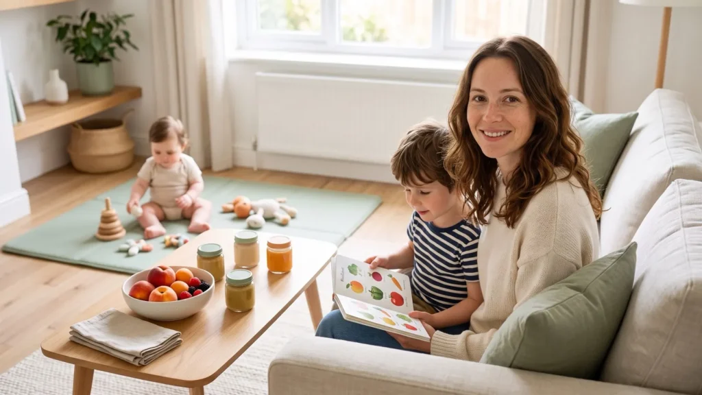 Camille lit un livre à son fils sur le canapé, sa fille joue sur un tapis