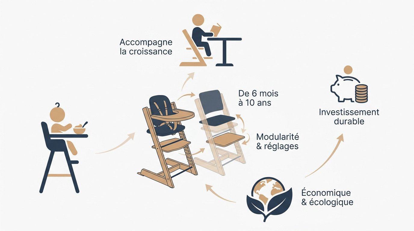 Chaise haute bébé évolutive en bois réglable pour enfant en pleine croissance