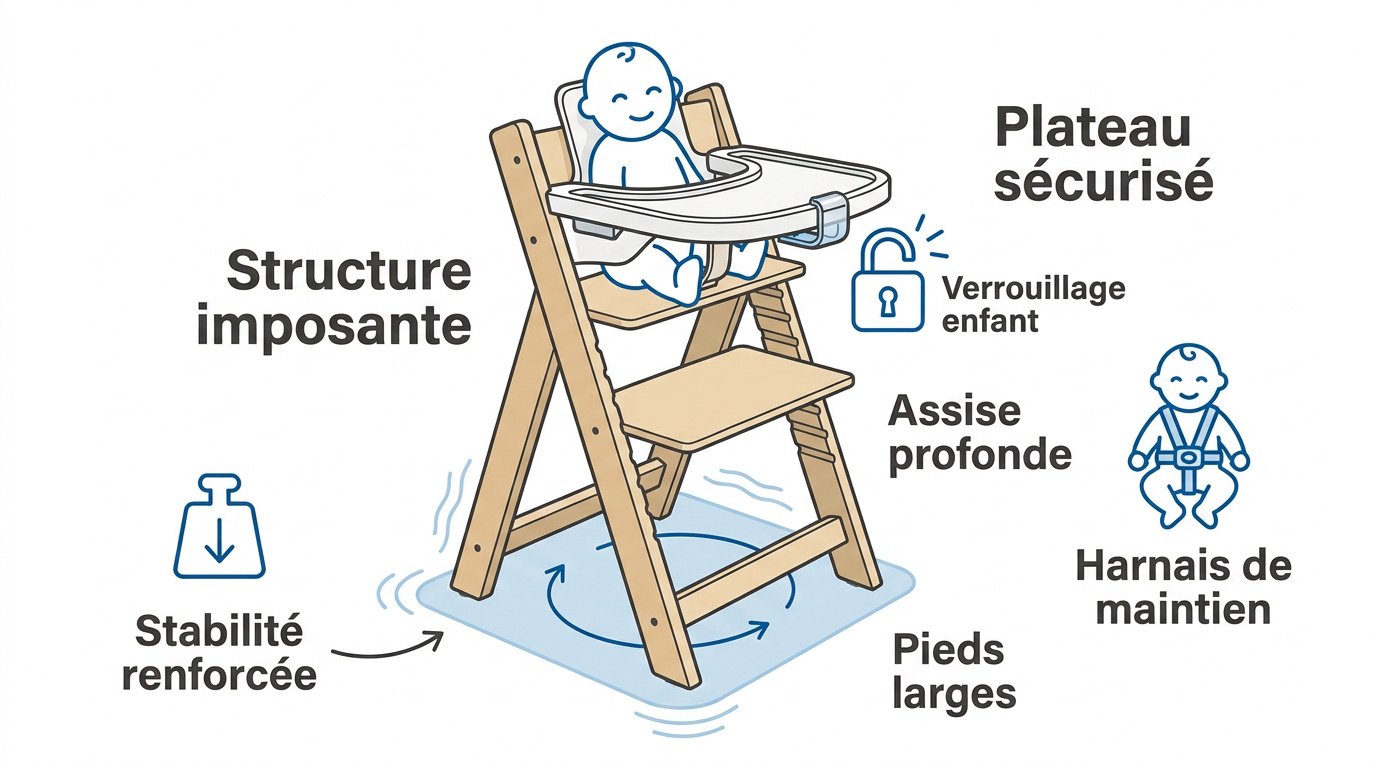 Chaise haute IKEA Blåmes en bois noir avec plateau et ceinture de sécurité