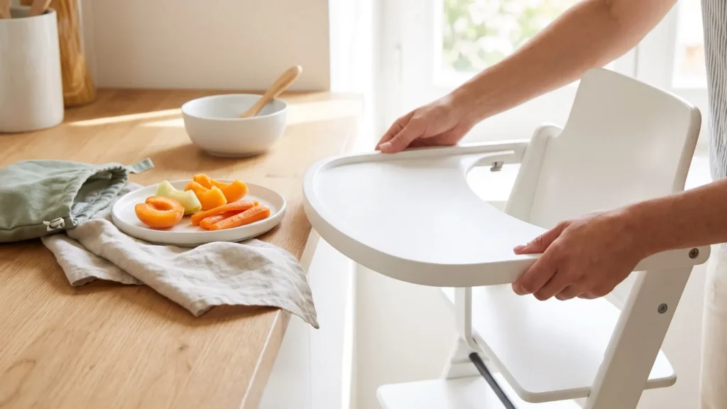 Mains qui fixent la tablette d'une chaise haute blanche, assiette de fruits à côté