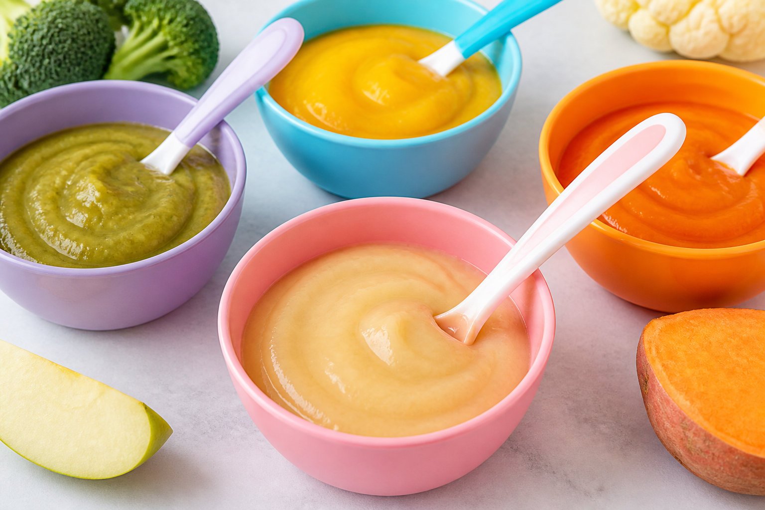 colorful baby puree bowls with spoons Respecter le calendrier d'introduction par étapes de croissance