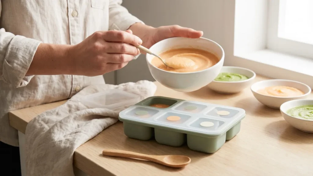 Mains qui répartissent une purée maison dans un bac de congélation en silicone