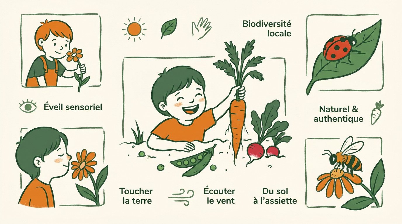 enfants joyeux au jardin recolte et apprentissage Enfants joyeux récoltant des légumes frais dans un potager pédagogique