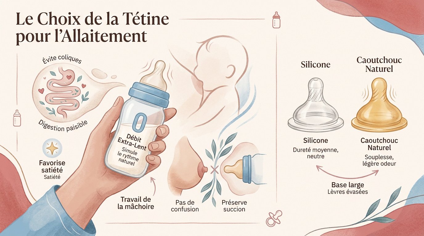Bébé allaité découvrant une tétine à débit lent adaptée