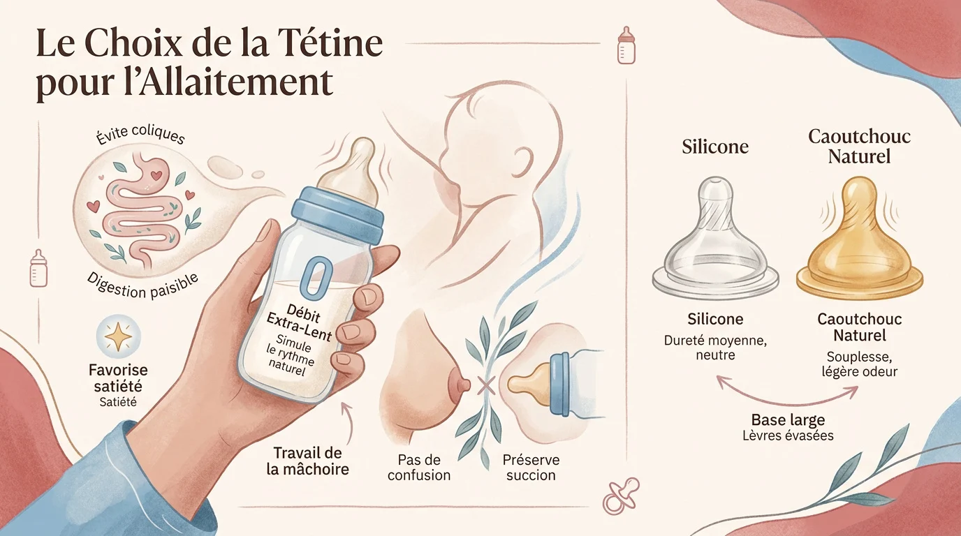 Bébé allaité découvrant une tétine à débit lent adaptée