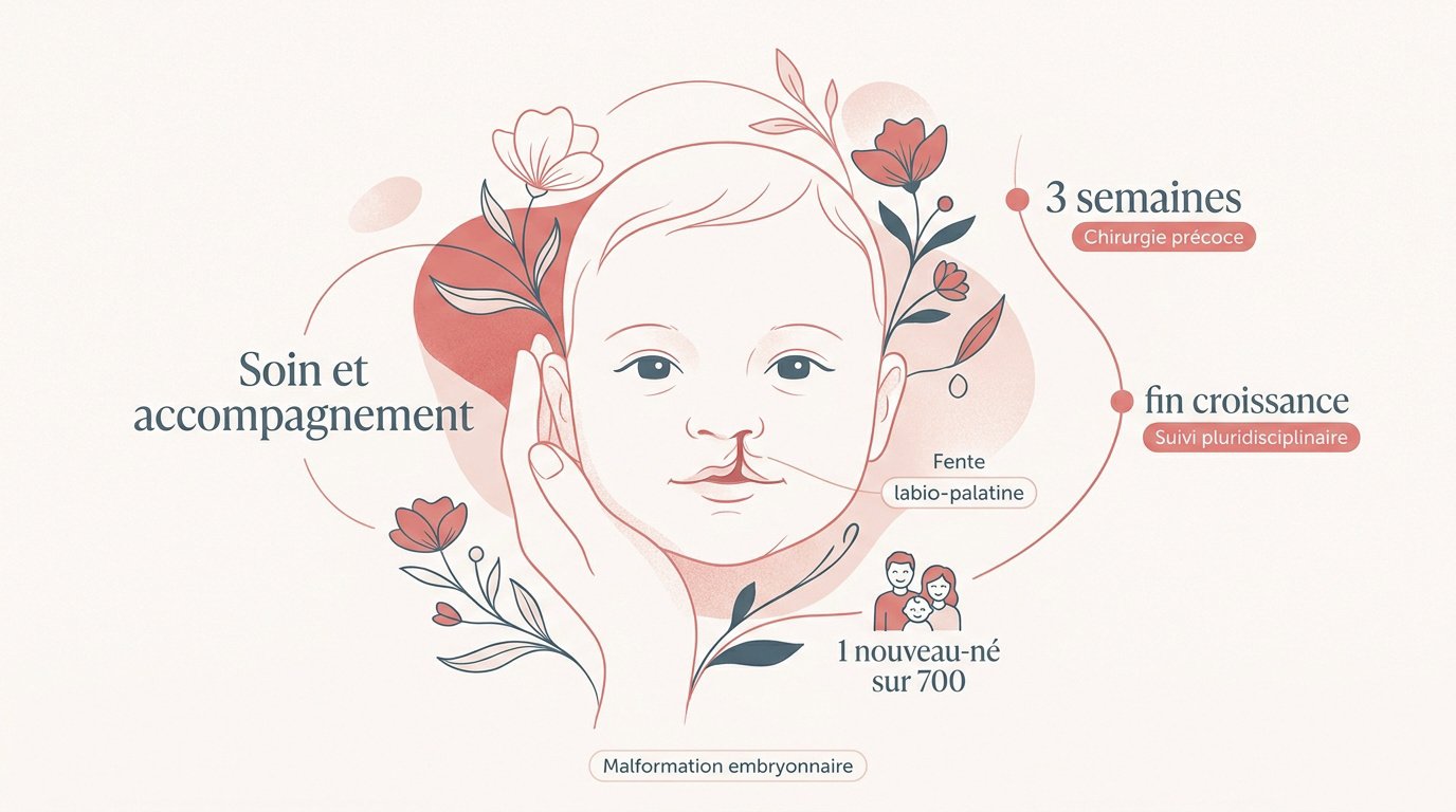 Illustration médicale montrant le soin et l'accompagnement d'un nourrisson avec une fente labio-palatine