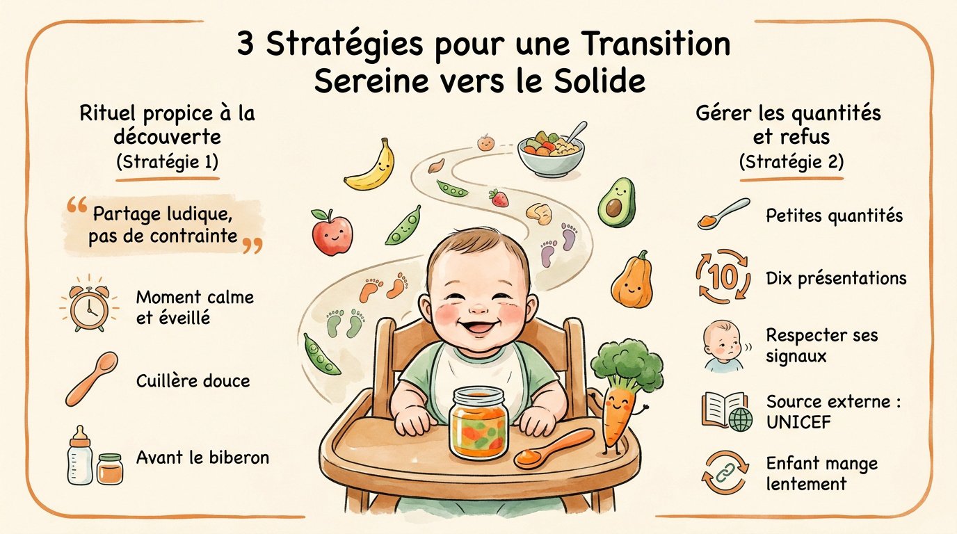 infographie 3 strategies pour la transition vers le solide Infographie présentant trois stratégies pour réussir la transition de bébé vers l'alimentation solide
