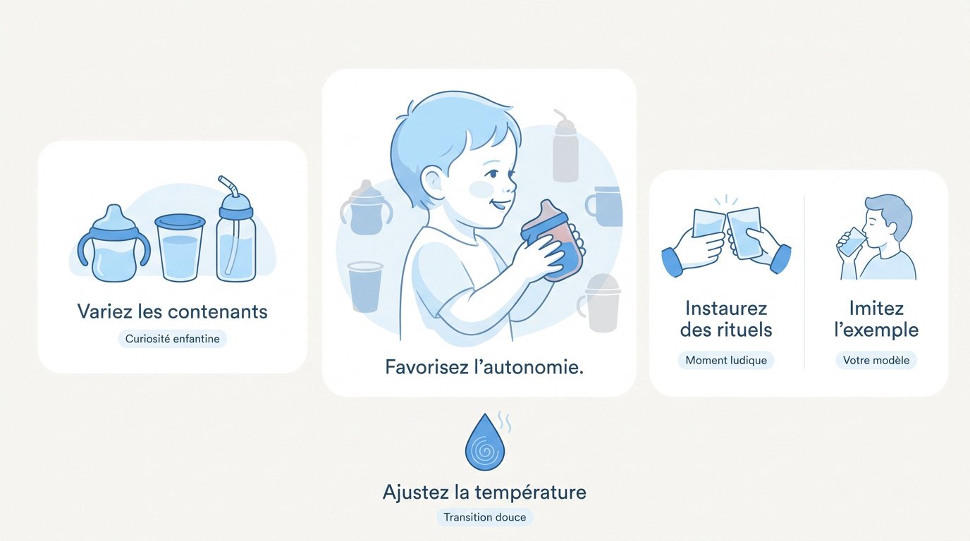 Infographie expliquant les étapes pour apprendre à bébé à boire à la tasse et au verre