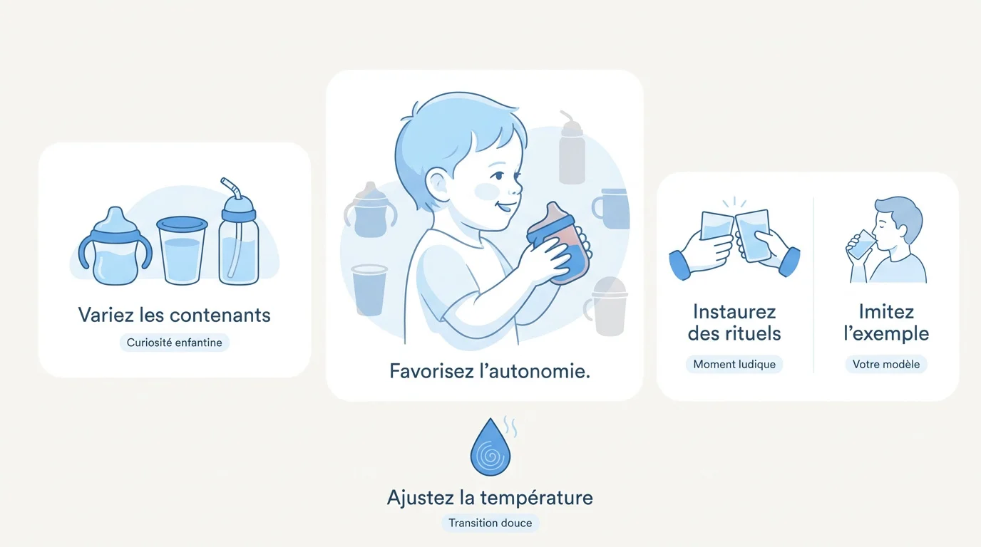 Infographie expliquant les étapes pour apprendre à bébé à boire à la tasse et au verre