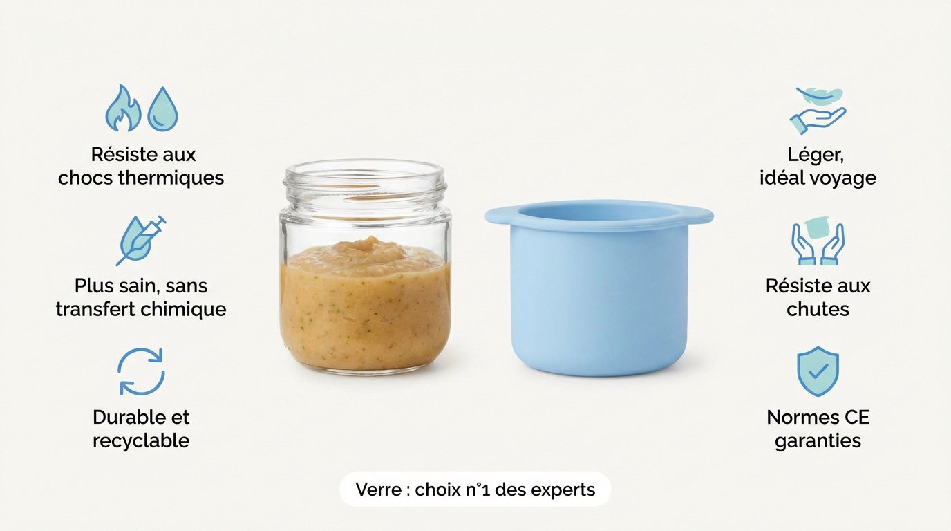 Infographie comparative entre les pots bébé en verre et en silicone