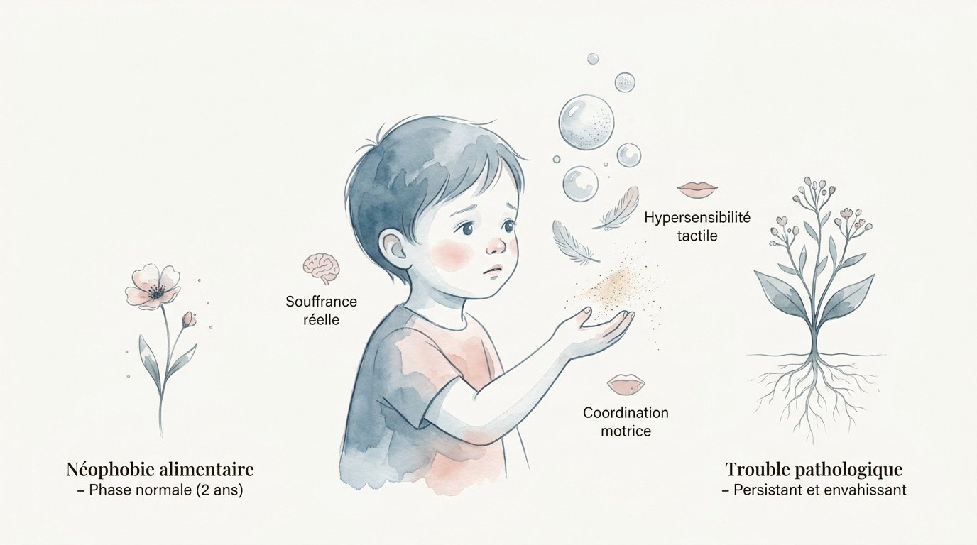 Infographie expliquant les mécanismes des troubles de l'oralité alimentaire chez l'enfant