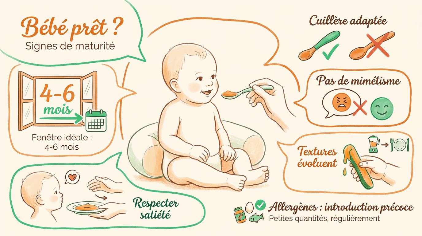 Infographie sur les étapes clés de la diversification alimentaire pour bébé