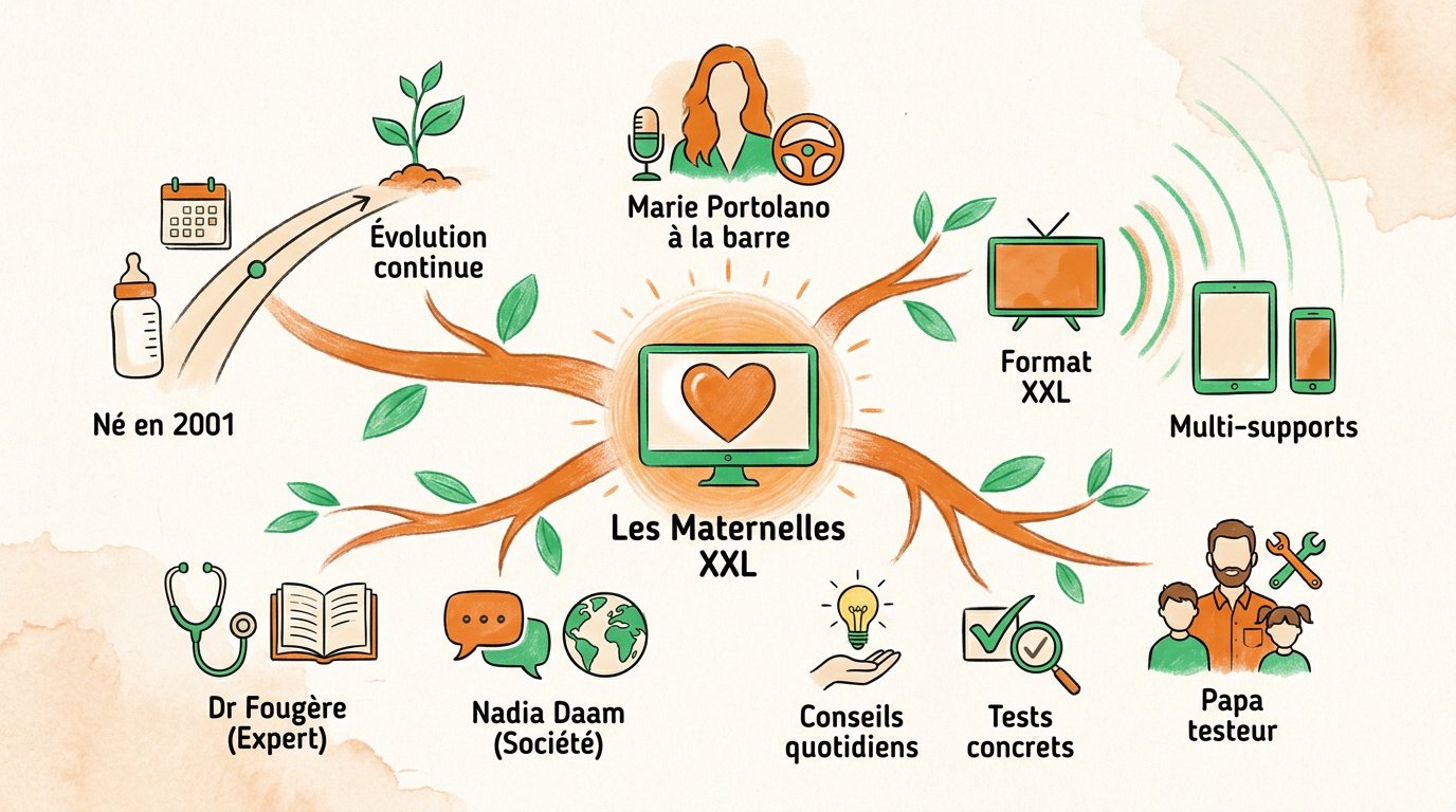 Infographie présentant l'écosystème et les thématiques de l'émission Les Maternelles XXL
