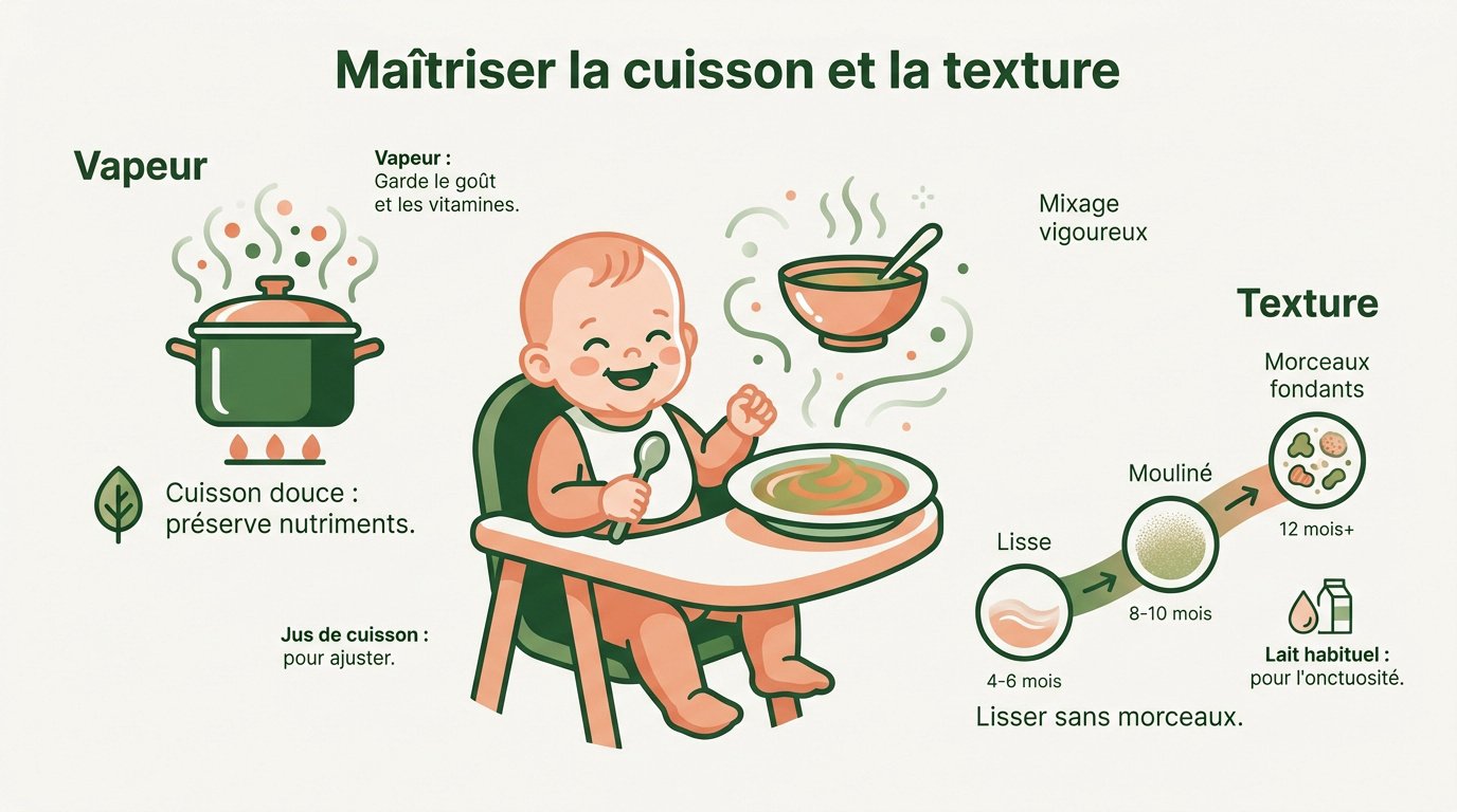 Infographie sur les méthodes de cuisson vapeur et les textures de purées pour bébé