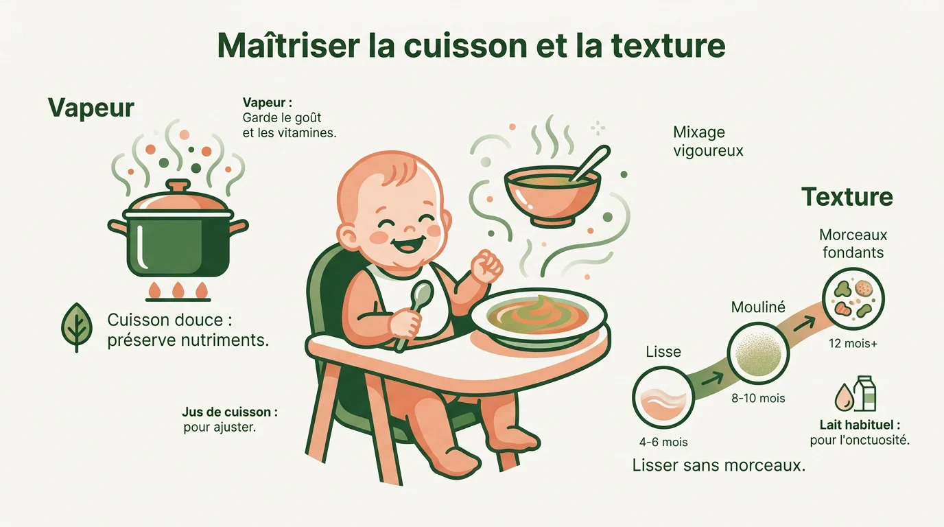 Infographie sur les méthodes de cuisson vapeur et les textures de purées pour bébé