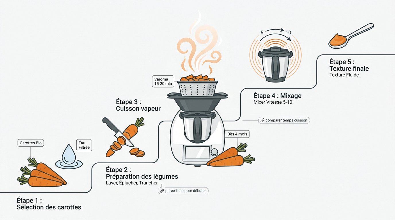Infographie étapes de préparation purée de carottes bébé Thermomix