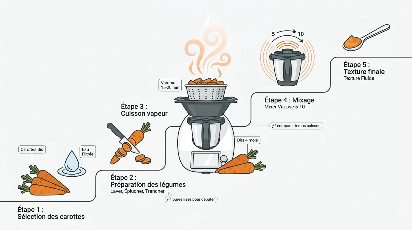 Infographie étapes de préparation purée de carottes bébé Thermomix