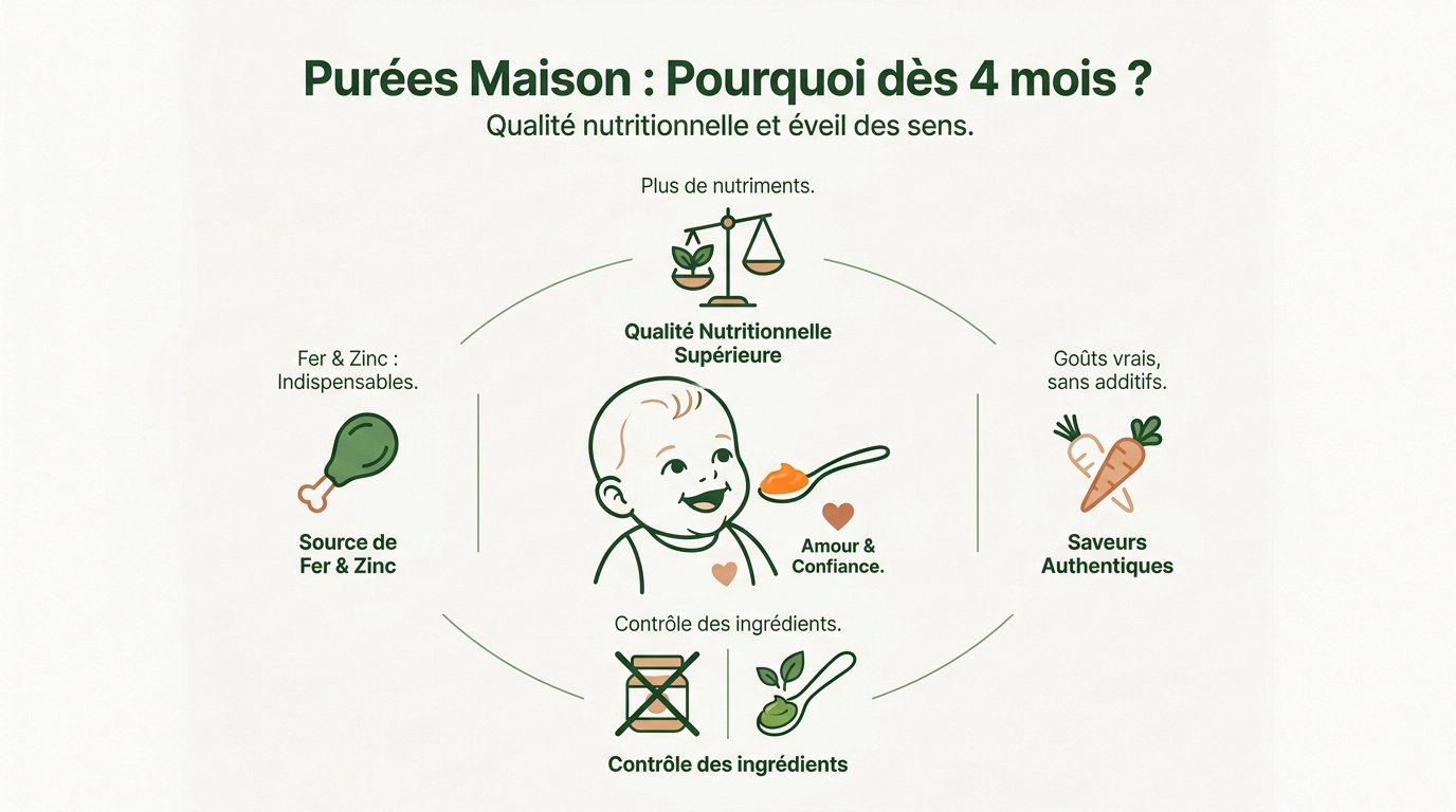 Infographie expliquant les bénéfices des purées maison pour bébé dès 4 mois