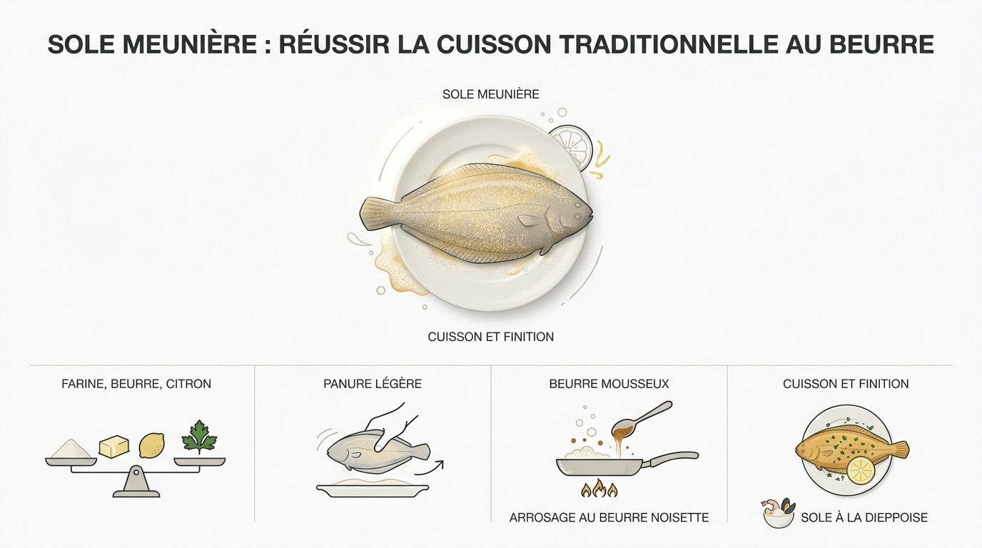 infographie sole meuniere cuisson traditionnelle Infographie détaillant la cuisson de la sole meunière